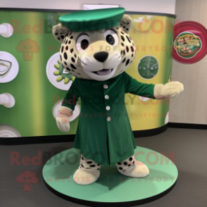 Green Jaguar mascot costume character dressed with a Circle Skirt and Hat pins