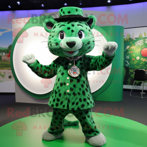 Green Jaguar mascot costume character dressed with a Circle Skirt and Hat pins