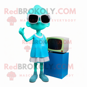Cyan Television mascot costume character dressed with a Mini Skirt and Sunglasses