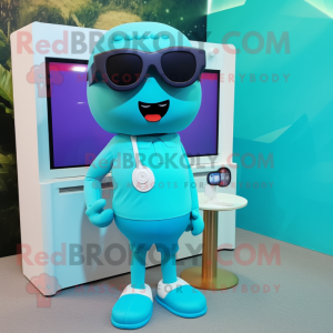 Cyan Television mascot costume character dressed with a Mini Skirt and Sunglasses