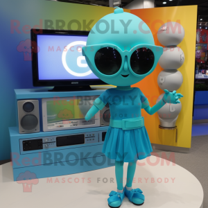 Cyan Television mascot costume character dressed with a Mini Skirt and Sunglasses