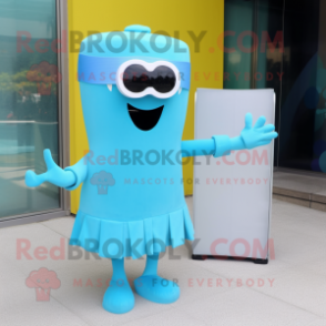 Cyan Television mascot costume character dressed with a Mini Skirt and Sunglasses