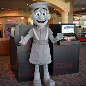 Gray Television mascot costume character dressed with a Empire Waist Dress and Suspenders