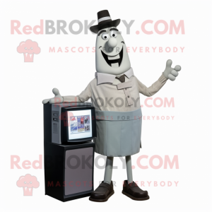 Gray Television mascot costume character dressed with a Empire Waist Dress and Suspenders