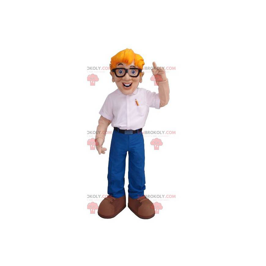 Maskottchen blonder Ingenieur Mann mit Brille - Redbrokoly.com