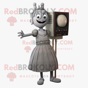 Gray Television mascot costume character dressed with a Empire Waist Dress and Suspenders