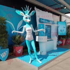 Cyan Gazelle mascot costume character dressed with a Bikini and Hairpins