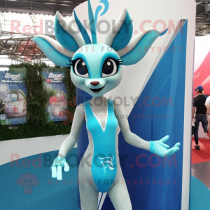 Cyan Gazelle mascot costume character dressed with a Bikini and Hairpins