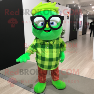 Lime Green Onion mascot costume character dressed with a Flannel Shirt and Eyeglasses