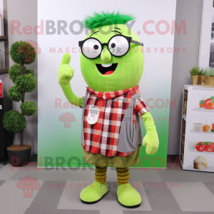 Lime Green Onion mascot costume character dressed with a Flannel Shirt and Eyeglasses