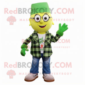 Lime Green Onion mascot costume character dressed with a Flannel Shirt and Eyeglasses