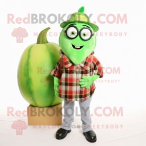 Lime Green Onion mascot costume character dressed with a Flannel Shirt and Eyeglasses