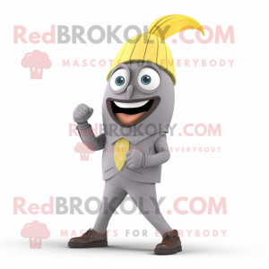 Gray Banana mascot costume character dressed with a Suit Pants and Bracelet watches