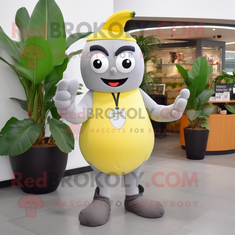 Gray Banana mascot costume character dressed with a Suit Pants and Bracelet watches Gray Banana mascot costume character dressed with a Suit Pants and Bracelet watches