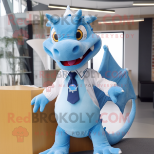 Sky Blue Dragon mascot costume character dressed with a Poplin Shirt and Ties