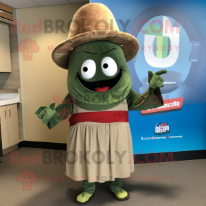 Olive Fajitas mascot costume character dressed with a Empire Waist Dress and Beanies