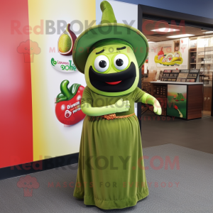 Olive Fajitas mascot costume character dressed with a Empire Waist Dress and Beanies