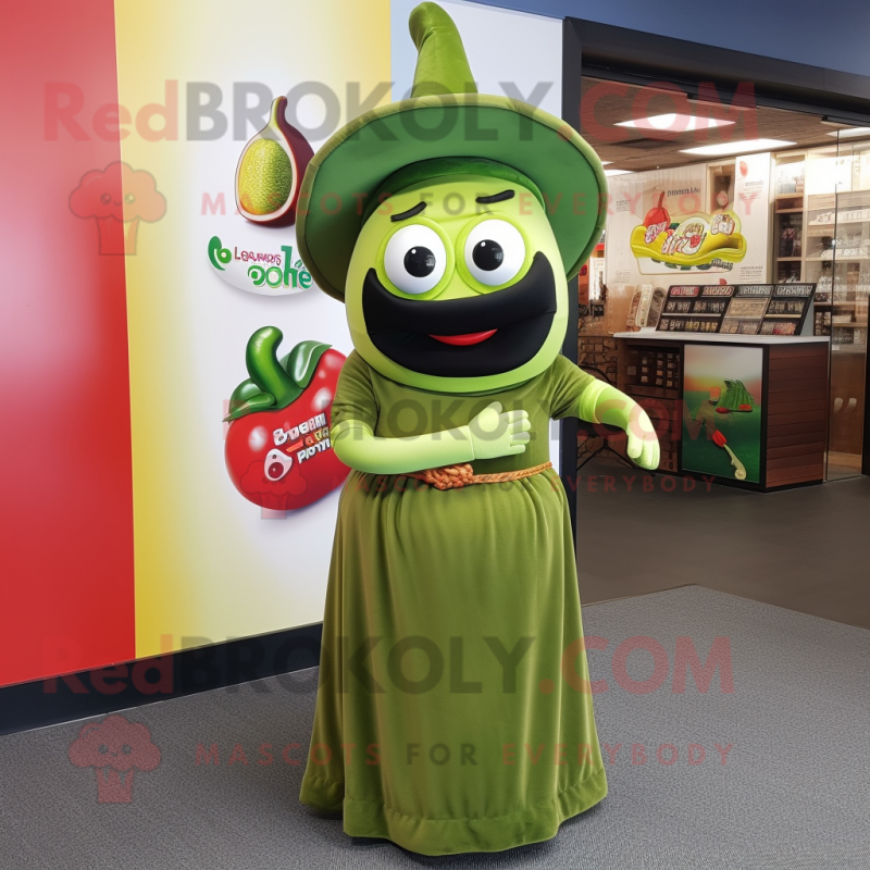 Olive Fajitas mascot costume character dressed with a Empire Waist Dress and Beanies Olive Fajitas mascot costume character dressed with a Empire Waist Dress and Beanies