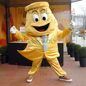 Gold Lasagna mascot costume character dressed with a Blazer and Shoe laces