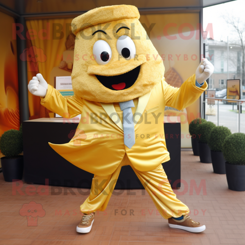 Gold Lasagna mascot costume character dressed with a Blazer and Shoe laces Gold Lasagna mascot costume character dressed with a Blazer and Shoe laces
