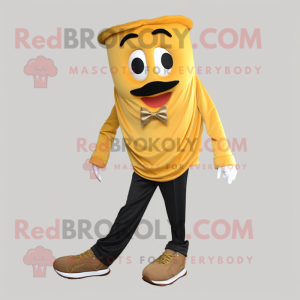Gold Lasagna mascot costume character dressed with a Blazer and Shoe laces
