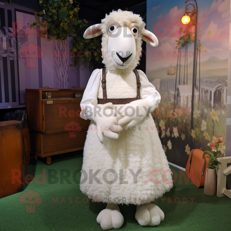 White Sheep mascot costume character dressed with a Empire Waist Dress and Suspenders