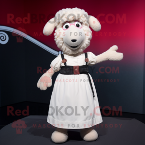 White Sheep mascot costume character dressed with a Empire Waist Dress and Suspenders