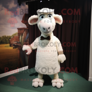 White Sheep mascot costume character dressed with a Empire Waist Dress and Suspenders