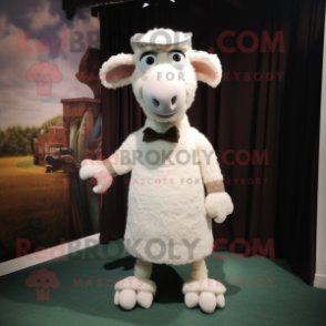 White Sheep mascot costume character dressed with a Empire Waist Dress and Suspenders