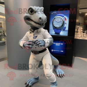 Silver Deinonychus mascot costume character dressed with a Turtleneck and Smartwatches