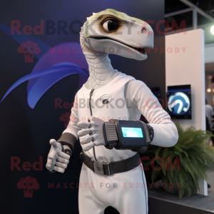 Silver Deinonychus mascot costume character dressed with a Turtleneck and Smartwatches