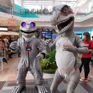 Silver Deinonychus mascot costume character dressed with a Turtleneck and Smartwatches