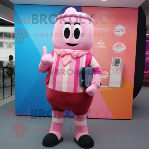 Pink Ice Cream mascot costume character dressed with a Waistcoat and Wallets