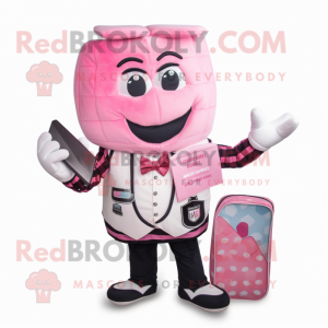 Pink Ice Cream mascot costume character dressed with a Waistcoat and Wallets