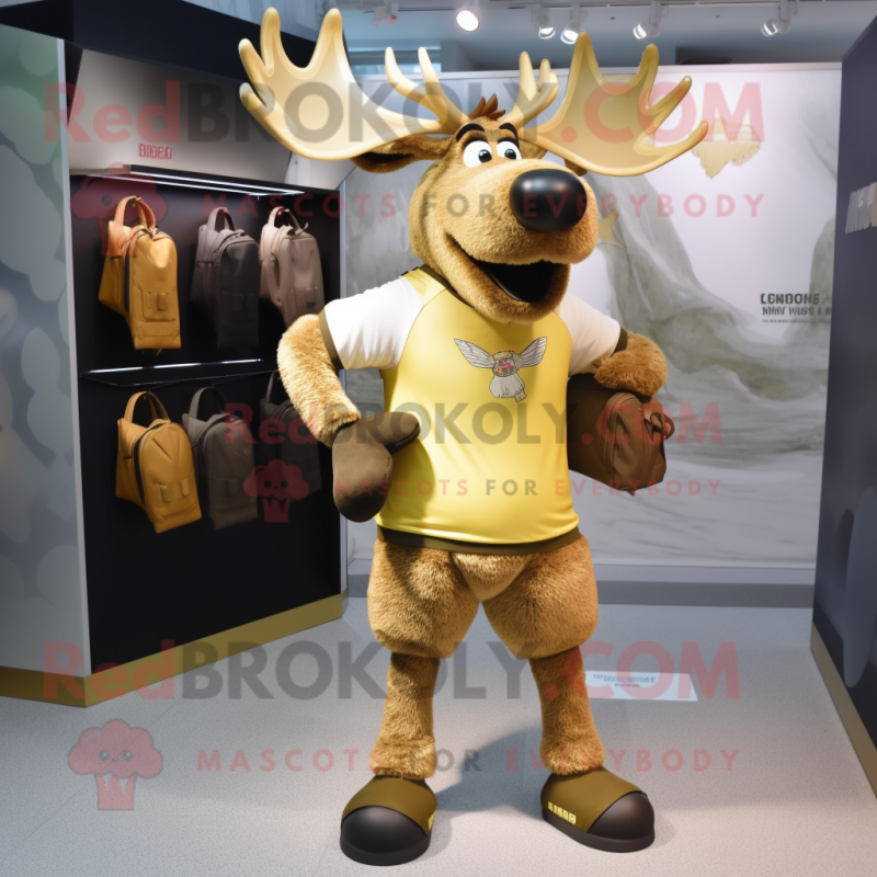 Gold Moose mascot costume character dressed with a Shorts and Clutch bags