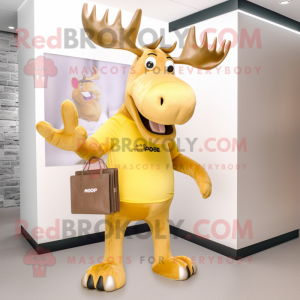 Gold Moose mascot costume character dressed with a Shorts and Clutch bags