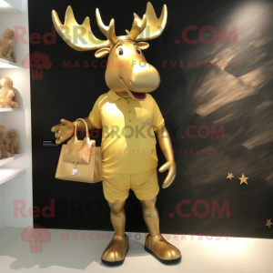 Gold Moose mascot costume character dressed with a Shorts and Clutch bags