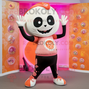 Peach Skull mascot costume character dressed with a Yoga Pants and Mittens