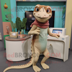 Tan Lizard mascot costume character dressed with a Sweater and Coin purses