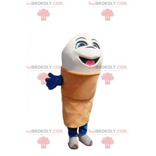 Mascote de casquinha de sorvete branco muito alegre. -