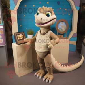 Tan Lizard mascot costume character dressed with a Sweater and Coin purses