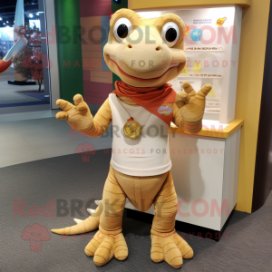 Tan Lizard mascot costume character dressed with a Sweater and Coin purses