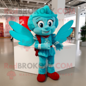 Turquoise Cupid mascot costume character dressed with a Graphic Tee and Mittens