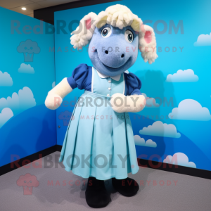 Cyan Suffolk Sheep mascot costume character dressed with a Pleated Skirt and Ties