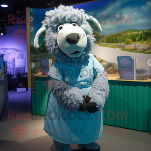 Cyan Suffolk Sheep mascot costume character dressed with a Pleated Skirt and Ties