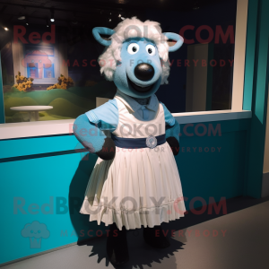 Cyan Suffolk Sheep mascot costume character dressed with a Pleated Skirt and Ties
