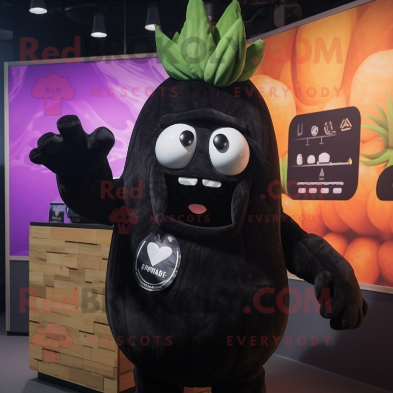 Black Turnip mascot costume character dressed with a Graphic Tee and Gloves