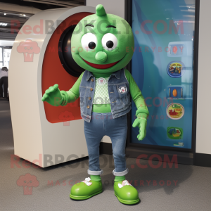 Green Juggle mascot costume character dressed with a Jeans and Lapel pins