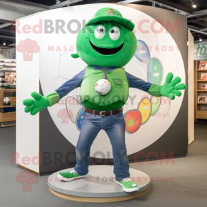 Green Juggle mascot costume character dressed with a Jeans and Lapel pins