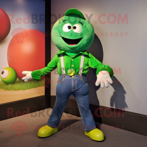 Green Juggle mascot costume character dressed with a Jeans and Lapel pins